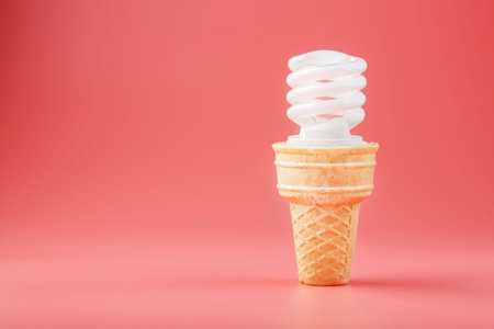 Energy-saving screw Light ice cream in a waffle cone on a pink background. Minimalistic concept of a delicious idea.の写真素材