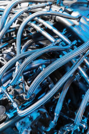 Gas turbine compressor for power generation on the offshore platform of Central oil and gas processing. In a monochromatic blue colorの写真素材