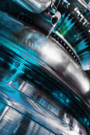 A detailed view of the gas turbine engine for generating electricity, shows the bolt connection...