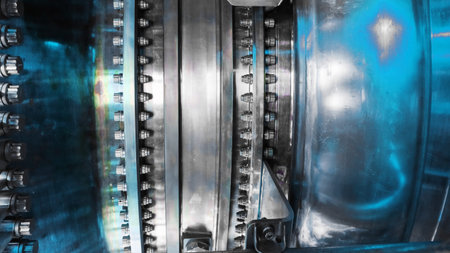 A detailed view of the gas turbine engine for generating electricity, shows the bolt connection...