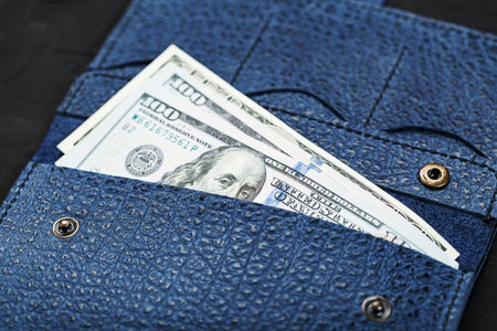Purse of blue color from genuine leather with new one hundred dollar bills on a black background....