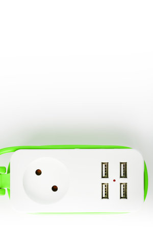 USB Power Strip Green power cord for charging gadgets and electronic devices. On a white background,...