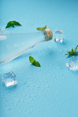 Bottle with an ice cold beverage, ice cubes, drops and mint leaves on a blue background.