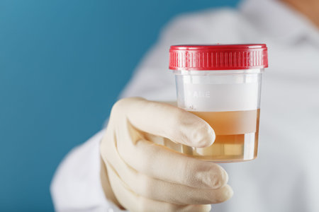 A doctor in a white coat holds a plastic container with yellow urine in his hand. Concept of...