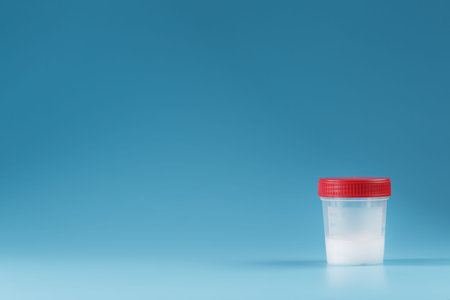 Semen in a test container with a red lid on a blue background. Healthcare and medical concept. Free...