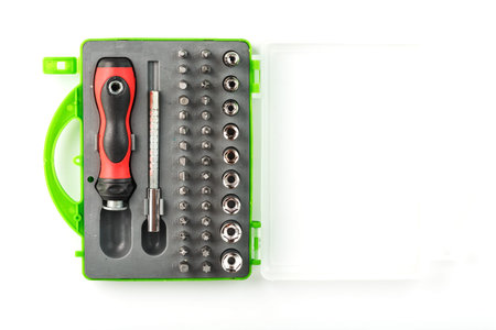 A set of tools with various attachments, chisels and screwdrivers, for repairing machinery and...