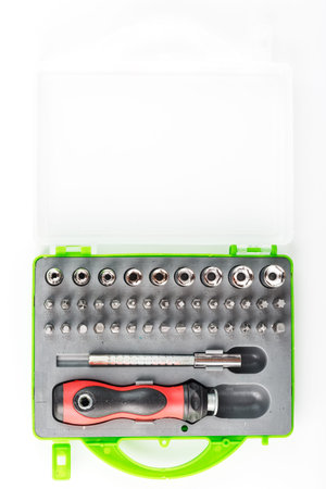 A set of tools with various attachments, chisels and screwdrivers, for repairing machinery and...