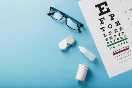 Ophthalmic Accessories Glasses and lenses with an Eye Test Chart for vision correction on a blue...