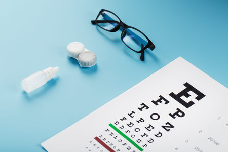 Glasses with Contact Lenses, drops and an Optometrist's Eye Test Chart On a Blue Background. The...