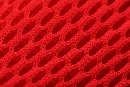 Fragment of a perforated toe of a red sneaker in full-screen close-up. Texture of the texture of the...