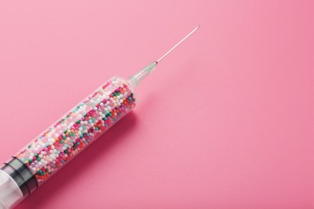 Syringe with colorful balloons on a pink background with free space. Conceptual development of a medical vaccine. Free spaceの写真素材