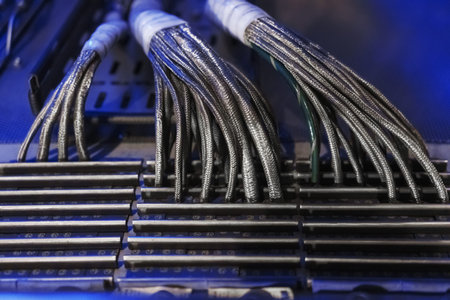 Technological wires in a metal sheath are laid in a cable channel to transmit voltage and impulses...