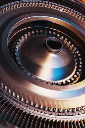 Turbine generator rotor with blades and discs, interior view. Elements, details and mechanisms of...