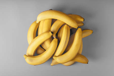Fresh bunch of yellow bananas isolated on a Gray background. Minimalistic concept. Free space Trendy colors of 2021の写真素材