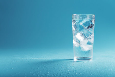 Ice cubes in a glass with crystal clear water on a blue background. Refreshing and healthy water on...