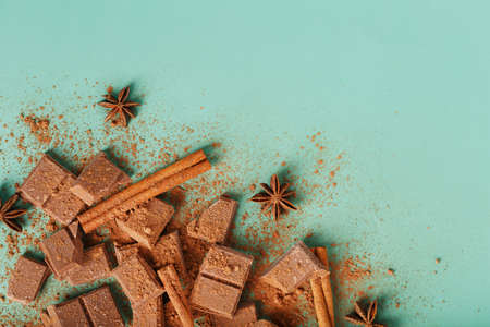 Dark chocolate slices with cinnamon and spices on a pastel green background. Free space, top viewの写真素材