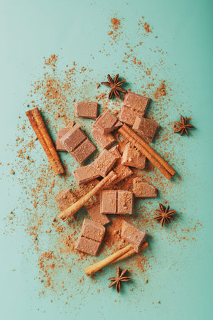 Dark chocolate slices with cinnamon and spices on a pastel green background. Free space, top view
