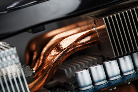 Video card cooling system with copper pipes, aluminum radiators and fans. Video chip for gaming and...