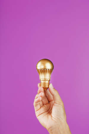 Gold light bulb as an idea in a female hand on a pink background. Isolateの写真素材