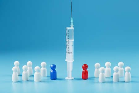 Contradictions of different opinions of a red and blue man about vaccination in a syringe in the center, on a blue background. Against vaccination. Stop the vaccination. Dilemma, contradictions, pros and consの写真素材