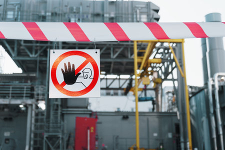 A sign prohibiting the passage of outsiders on a poster with a red and white ribbon. The passage is...