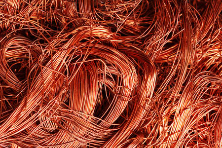 Scrap copper wire fibers as a background.の写真素材