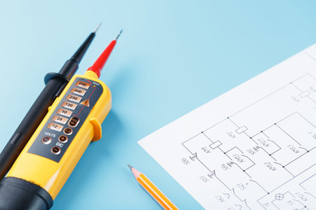 Two-pole voltage indicator with electrical drawings on a blue background. Testing and verification...