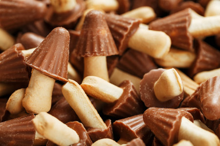 Dessert background Chocolate mushrooms cookies as texture. View from aboveの写真素材