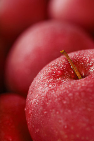Background of ripe and juicy Red apples, perspective from above. Healthy organic fruits