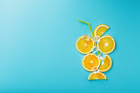 A composition of orange slices and ice cubes with a straw on a blue background in the form of a...