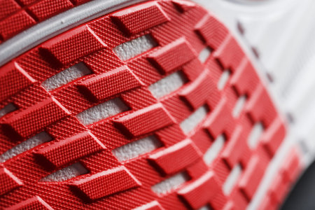Close-up of the sole of a sport running shoe for running in red Sports technology