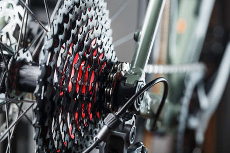 Rear bicycle speed switch with cassette and chain, accessories for bike repair and tuningの写真素材