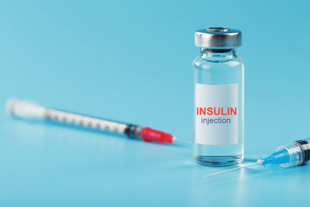 A bottle of insulin hormone and a syringe on the tableの写真素材
