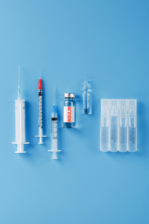 Ampoule bottle with insulin, needles and syringes for medical subcutaneous injectionの写真素材