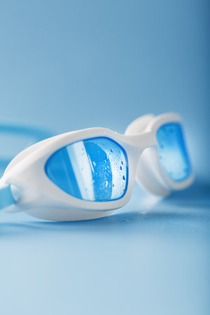 Swimming goggles in a white frame with on a blue backgroundの写真素材