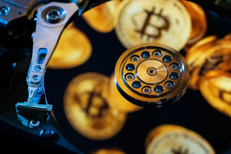 A hard drive decorated with gold bitcoin symbols