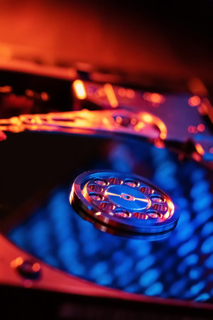 A hard disk with a blue binary code