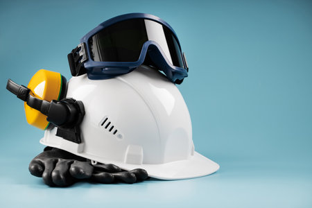 A white helmet with a yellow gas mask and dark welding glasses on a blue backgroundの写真素材
