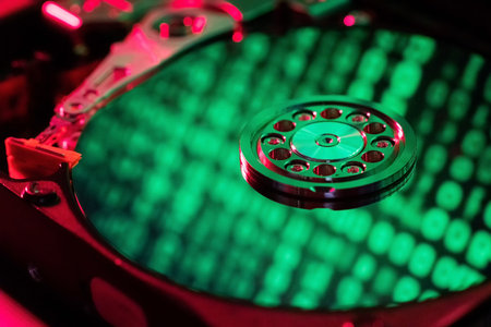 Reflection of green numbers in an open hard drive