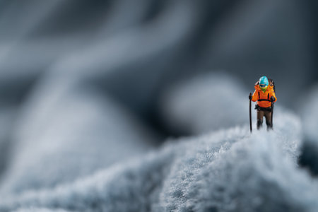 A miniature human figure in an orange jacket, blue hat, and ski poles stands on a fuzzy fleece surface resembling a snow-covered surface. In the background is a blurred image that could be a mountain or an ice wall. This conceptual miniature diorama depicts a climber on snow-capped mountain peaks.の写真素材