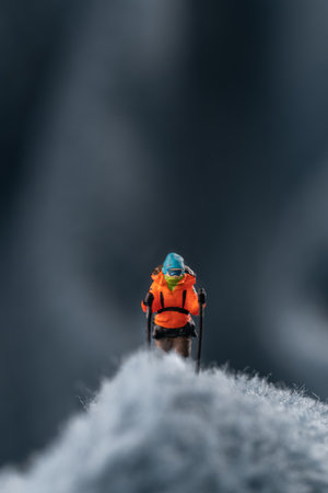 A miniature human figure in an orange jacket, blue hat, and ski poles stands on a fuzzy fleece surface resembling a snow-covered surface. In the background is a blurred image that could be a mountain or an ice wall. This conceptual miniature diorama depicts a climber on snow-capped mountain peaks.の写真素材