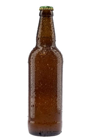 Cold brown beer bottle isolated on white with water dropsの写真素材