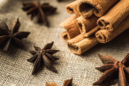 cinnamon sticks and star anise on eco backgroundの写真素材