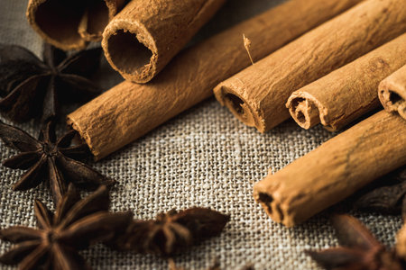 cinnamon sticks and star anise on eco background