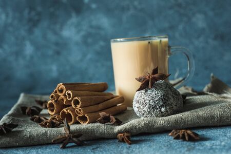 cup of masala tea with cinnamon and star aniseの写真素材