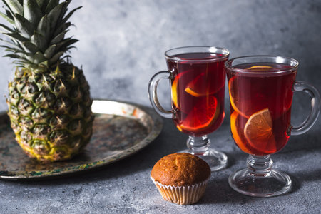 mulled wine a delicious holiday with spices from orange cinnamon and star anise. Traditional hot...