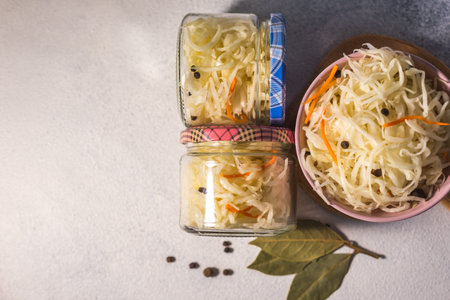 fermented sauerkraut village vegan salad in a glass jar. healthy product. rustic food. Probiotics...