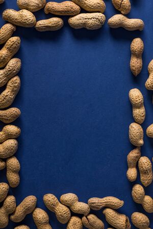 A pile of roasted peanuts on a trendy blue background with place for design and your text. concept. agricultureの写真素材