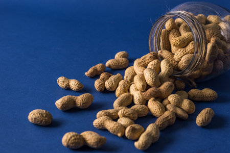 A pile of roasted peanuts on a trendy blue background with place for design and your text. concept....
