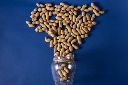 A pile of roasted peanuts on a trendy blue background with place for design and your text. concept. agricultureの写真素材